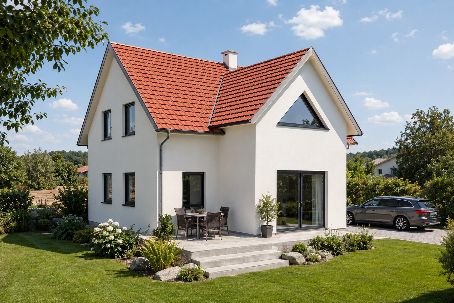 Zweigeschossiges Haus mit weißer Fassade, rotem Satteldach, Terrasse und Garten